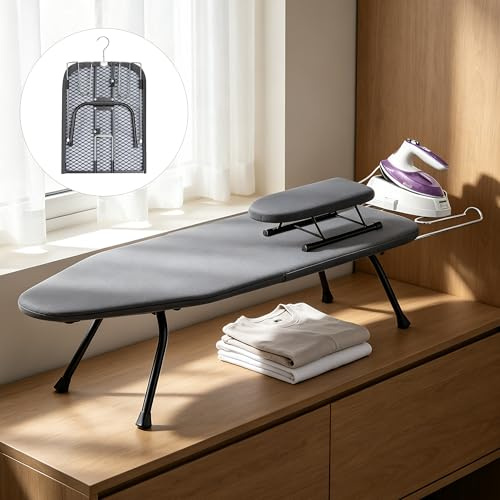 Kleines faltbares Bügelbrett mit Ärmelbrett, Klappbares Tisch-Bügelbrett mit Bügeleisenablage, rutschfeste Füße, Haken, Baumwollbezug, Tragbares Bügelbrettbezüge für Reise, 76x31 cm