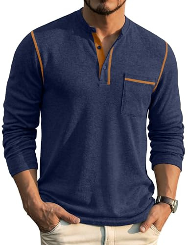 COOFANDY Henley-skjorta, herr, långärmad t-shirt med knappslå långärmad tröja | 3-knappslist, med fickor, räfflad hals, mikrofleece-tyg, vardag, fritid, arbete, gå ut, hemma