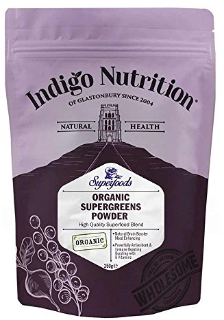 Indigo Herbs Organic Super Greens Powder 250g | Moringa, Spirulina, Chlorella, Wheatgrass, Barley Grass Mix