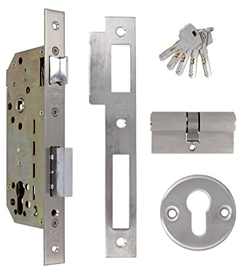 Amig - Cerradura de Embutir con Cilindro de Seguridad y Bocallave + 5 Llaves - Para Puertas de Madera de Entrada - De Acero Inoxidable - Picaporte Reversible - Para Manillas de 8 mm