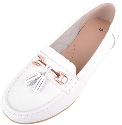 ABSOLUTE FOOTWEAR Womens Slip On Leather Loafer/Deck/Boat Shoes, White, UK 6