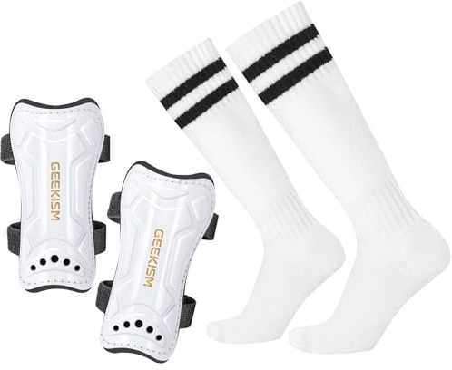 Geekism Soccer Shin Guards for Youth Kids Toddler, Protective Soccer Shin Pads & Socks Equipment - Football Gear for 3 5 4-6 7-9 10-12 Years Old Children Teens Boys Girls (White, Medium)