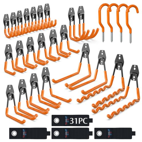 3-H Ganci da Garage Resistenti, Confezione da 31, Ganci in Acciaio per Garage, Montaggio a Parete e Organizer per Attrezzi Antiscivolo per Organizzare Scale, Sorde, Biciclette, Cavi