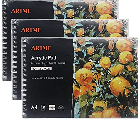 ARTME Bloc Papier Acrylique A4 Paysage (Lot de 3) – 400 g/m² Extra Épais, 12 Feuilles, Grain Pressé à Froid, Sans Acide – Papier Peinture pour Acrylique, Gouache