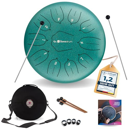 Sonodrum Zungentrommel Standard D - Dur in Grün - 30 cm groß mit 11 Tönen - Steel Tongue Drum inkl. Liederbuch, Schlägel, Fingersticks und Tragetasche - Notenlesen nicht nötig, einfach zu spielen.
