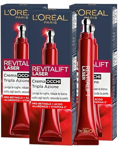 L'Oréal Paris Revitalift Laser Anti-Falten Straffende Glättende Augencreme Anti-Aging Augenkonturbehandlung mit Pro-Retinol Hyaluronsäure Vitamin C gegen Tränensäcke - 3x 15ml Flaschen