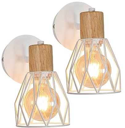 DAXGD Wandleuchte Innen 2 Stück, Weiße E27 wandlampe, Verstellbare Wandleuchte aus Metall und Holz für Schlafzimmer, Esszimmer, Flur