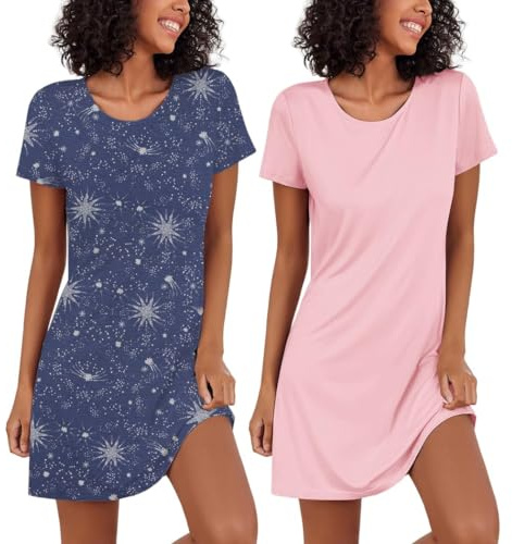 Ekouaer Chemises de Nuit Femme 2pcs Tee Shirt Long Femme Nuit Robe de Nuit Manches Courtes Vêtements de Nuit Sexy Casual Col Rond, Rose + Bleu, XXL