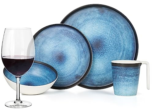 Melamin Campingservisset för 4 personer djuphav + 4 tiamo rödvinsglas rött vinglas, servis för picknick, BBQ köksredskap