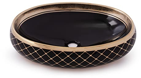 RD Luxury® Design Oval Waschbecken Hängewaschbecken Aufsatzwaschbecken aus hochwertiger Keramik Gold Schwarz 60x40cm