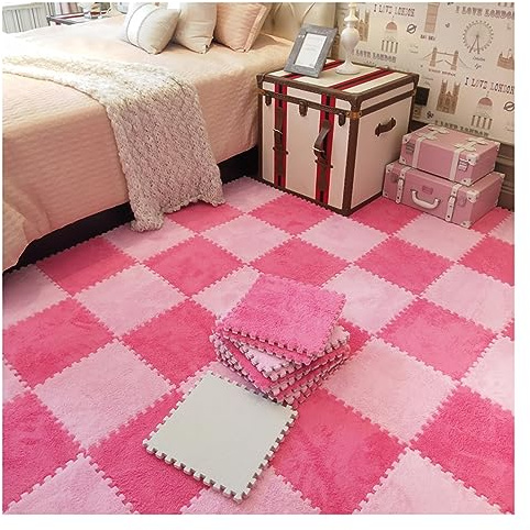 12pcs - Tapis De Sol en Mousse De Puzzle en Peluche - Carreaux De Moquette Emboîtables - Tapis De Puzzle Moelleux pour Sol, Carreaux De Sol en Mousse De 12 X 12 Pouces(Color:Rose Rouge+Rose)
