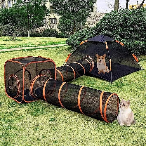 Katzenzelt Laufstall mit Tunnel – 4-in-1 Outdoor Tragbares Pop-Up-Gehege für Kätzchen & Welpen – Faltbarer Haustier-Lebensraum für Spielzeit & Erholung