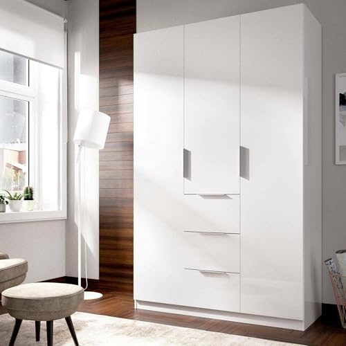 Dmora - Armoire Falterona, Portemanteau pour Chambre, Armoire avec 3 Portes battantes et 3 tiroirs, 135x52h204 cm, Blanc