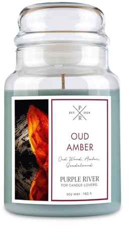 Purple River Große Duftkerze im Glas mit Deckel | Oud & Amber | Duftkerze Oud | Kerzen lange Brenndauer | Sojawachskerze | Raumduft für Zuhause