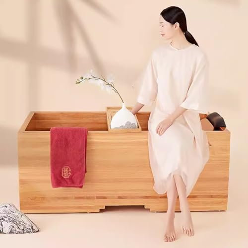 MegLob Freestanding Wooden Bathtub Kit, Japanese Style Deep Soaking Tub for Couples with Bath Tray, Rectangular Shape Classic Soaker with Pop-Up Drain, SPA Hotel Free Standing Bathtub,140cm/55.12in