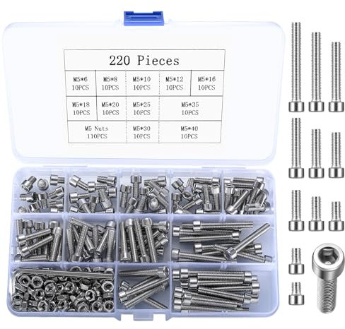 220 Piezas Tornillos Hexagonales M5, Tornillos de Cabeza Allen con Tuercas de Acero Inoxidable Surtido, con Arandelas y 2 Llave