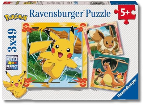 Ravensburger - Puzzle Enfant - Lot de 3 Puzzles 49 pièces - Pikachu, Dracaufeu et Evoli/Pokémon - Fille ou garçon dès 5 Ans - Puzzle de qualité supérieure - 3 Posters Inclus - 12004062