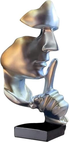 Thinker Statue, Silence is Gold Abstract Art Sculpture, Ponder Statue, Creative Resin Figurine, Modern Home Ornament, Decoration for Home Room Study Office Table Shelf (Silver)