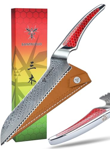 SANMUZUO 20 cm tandad brödkniv, japansk kökskniv i Damaskus VG-10, ultravass brödkniv med rödt harts i full silke, LA-S9-serien
