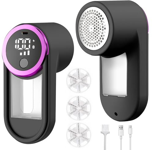 Fusselrasierer Elektrischer, Wiederaufladbar, 6 Präzisionsklingen, Typ-C-Ladekabel, LED Anzeige, 3 Geschwindigkeitsstufen, Großer Flusensammler, Sicherheitsverschluss Entfussler