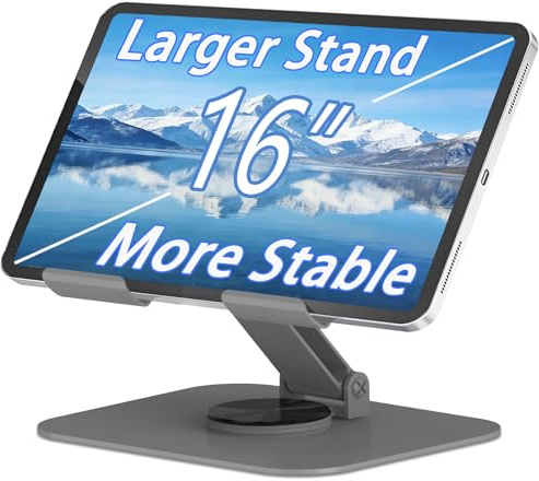 TAPMEI Larger Metal Tablet Stand, Adjustable 360° Rotation Tablet Holder Compatible with 4-16 Tablet Such as iPad Pro, iPad Air Mini, Tab S10 Ultra (Grey)