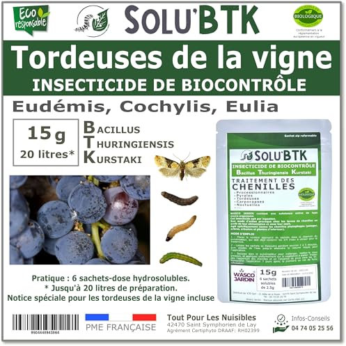 SoluBTK - Tordeuses de la Vigne - 15 g Bacillus thuringiensis BTK - Insecticide Utilisable en Agriculture Biologique - Traitement chenilles