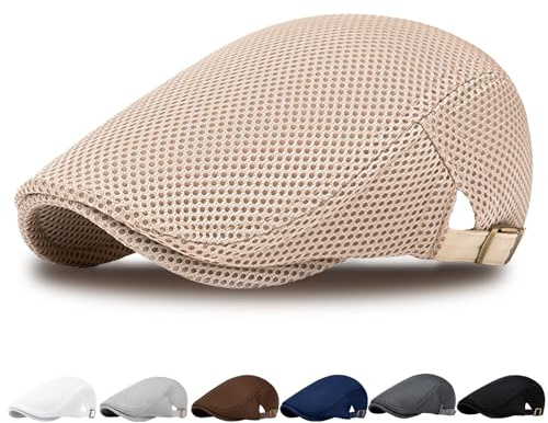 AUNGKWANG Boinas Hombre Verano, Ajustable Boinas Hombre Unisex De Gorras Plana, Boina Transpirables De Malla, Circunferencia De La Cabeza Aplicable 56-61 cm, Caqui