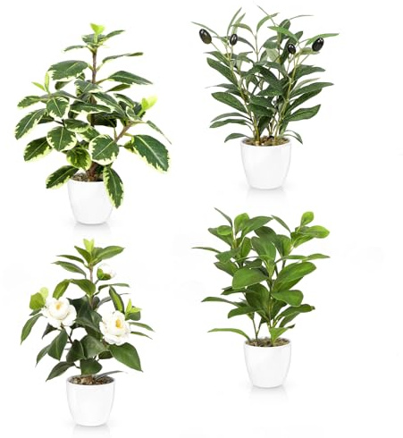 Bludrfnly 4er-Set Kunstpflanze 25cm, Künstliche Pflanzen im Topf, Künstliche Pflanzen wie echt, Fake Plant Zimmerpflanzen Deko für Wohnzimmer, Schlafzimmer, Badezimmer, Büro (mit Keramiktopf)