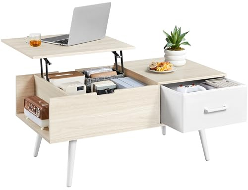 Yaheetech Mesa de Centro Elevable 100x50x45-59cm con Almacenamiento Lateral y Oculto,Equipada de 1 Cajón y Patas de Madera para Salón y Cocina