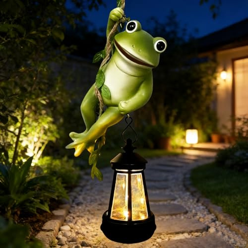 Statue da giardino a energia solare, rana da appendere su una vite con lanterna albero Hugger statuetta luci per esterni cortile sculture d'arte portico balcone decorazione da parete, divertente
