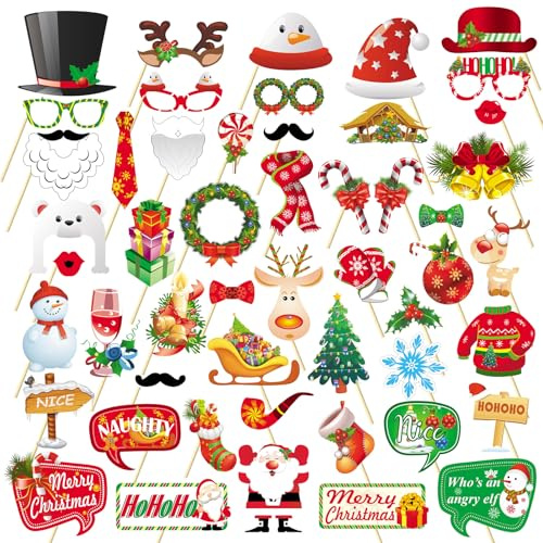 52PCS Christmas Photo Booth Props Kit Xmas Selfie Props with Santa Hat Elf Antler for Party Decorations Photography Supplies