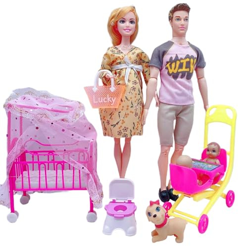 Otbushit Set di bambole per famiglie, bambola incinta con articolazioni mobili, con bambino nella pancia, papà e 2 bambini e altri accessori