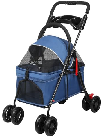 3-en-1 Poussette pour Chien Chat avec Panier de Rangement,4 Roues,Poussette Pliable pour Chien,Léger et Pratique Amovible, jusqu'à 35 kg,(G) 97 x 49 x 69 cm – Bleu