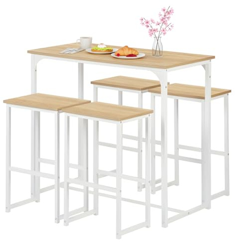 GOKHOMX Set tavolo da pranzo con 4 sedie, tavolo da bar alto con 4 sgabelli, per piccolo spazio cucina, sala da pranzo, salotto, bar o balcone (rovere e bianco)