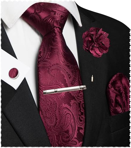 JEMYGINS Ensemble de cravates brodées Paisley pour homme, mouchoir de poche, pince à cravate, boutons de manchette, pour mariage, fête, affaires, multicolore