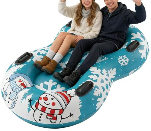Uppblåsbar släde, uppblåsbar släde, 2 personer för barn vuxna, 66 x 38 tum snötub, däck, snödäck, halkfria däck med handtag, frostbeständig för vintersport, utomhus