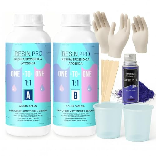 Resin Pro ® Kit de resina epoxi transparente para joyería, creaciones artísticas, 500g Kit de resina epoxi con guantes, varillas, vasos, pipetas, lentejuelas, soporte en italiano