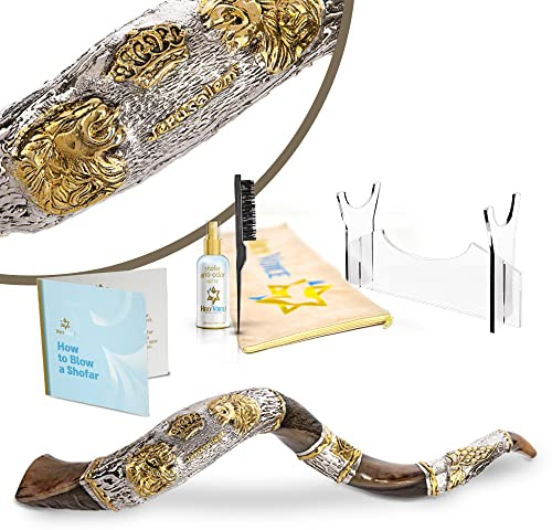 Holy Voice Sterling Silver-Plated 36-39 Lion of Juda Decorative Kudu Shofar Horn from Israel with Stand, Carrying Bag and Cleaning Brush