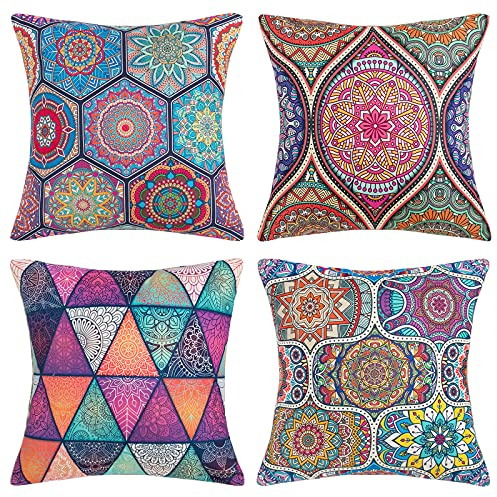 DakTou Pack of 4 Decorative Cushion Covers 40cm x 40cm Modern Mandala Boho Square Pillowcases Cotton Linen Throw Pillow Covers for Sofa Couch Bed Chair Car Bedroom Home Decor 16x16 Inch