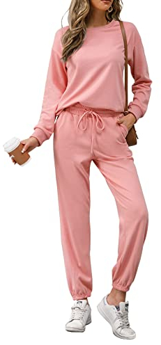 REORIA Femme Ensemble de survêtement deux pièces à manches longues et col rond de couleur unie pour Rose L
