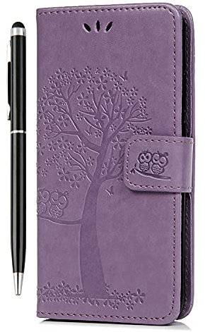 Google Pixel 6A Case Flip Premium Wallet Phone Case Shockproof PU Leather Owl Tree Embossed Magnet Cover for Google Pixel 6A with Kickstand Card Holder & 1 Touch Pen Light Purple