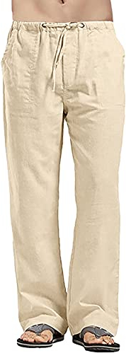 YAOHUOLE Leinen Freizeithose Herren Loose Fit Herren-Hosen mit elastischer Taille und Taschen Khaki L