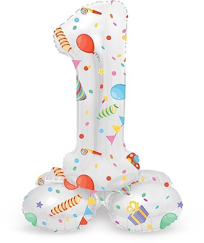 Folat 63961 Luftballon Geburtstag Stehender Ziffer Zahl 1 Joyful Party Weiß mit Geschenke und Dekoration 72 cm - Decoration Geburtstagdeko, Ballon Zahl, Kein Helium erforderlich