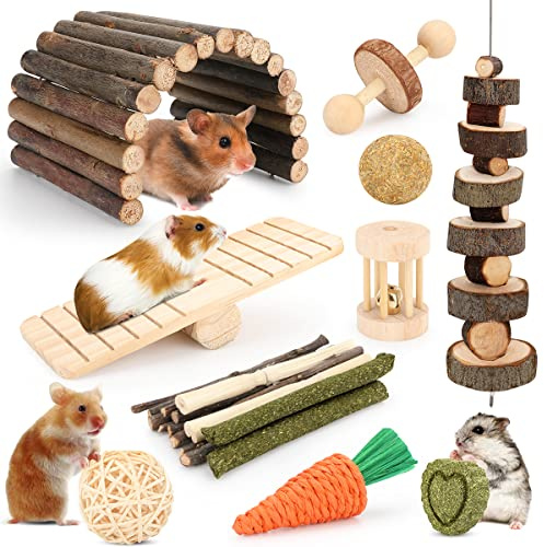 YIXUND Hamster Cage Accessories, 12 Different Chew Toys for Guinea Pig, Chinchillas, Gerbils, Mice, Rats, Mouse, Rabbit, Bunny Hideout Seesaw, Natural Molar Tools