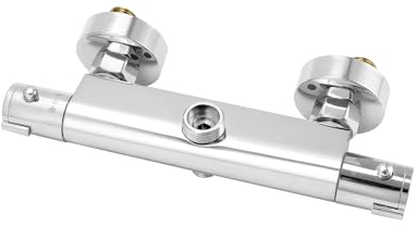 QWORK® Robinet de douche thermostatique, mitigeur de douche en laiton, avec bouton de sécurité 38 °C, gauche chaud, droit froid, haut 3/4 + bas 1/2