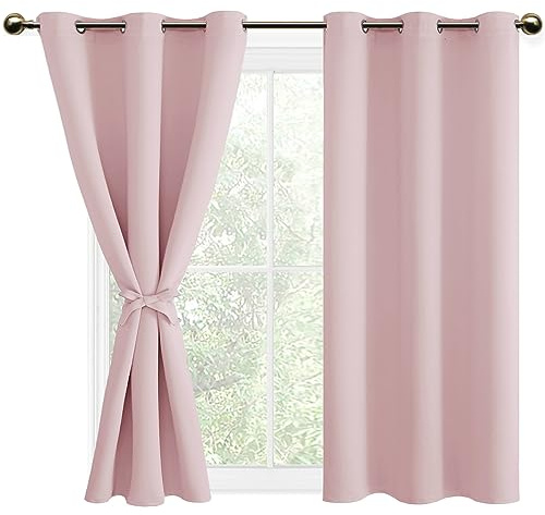DWCN Blackout Curtains with Tiebacks for Bedroom Thermal Insulated Solid Eyelet Curtains for Living Room,2 Panels,46 Wide x 54 Drop Pink