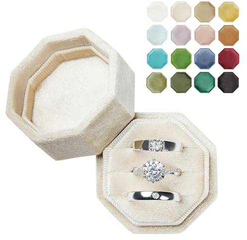 Vacfulliven Engagement Ring Box Octagonal Proposal Ring Storage Box Valentine's Day Ring Box Travel Ring Bearer Box 3 Slots (Champagne)