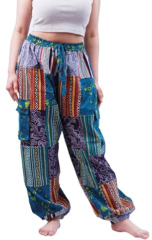 Himalayan Fashion Handmade Patchwork Mushroom Style Pants from Nepal Cotton Boho Hippie Trousers (S)