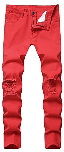 Zerrissene Jeans for Herren, entspannte Passform, Distressed Destroyed Regular Straight Leg Denim Pants (Color : Rouge, Size : 33)