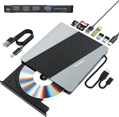 SUIDEK Externes CD DVD Laufwerk, USB 3.0 USB C, tragbarer CD-DVD-+/-RW Brenner, CD-Player für Laptop mit SD-/Micro-SD-Kartenleser, 8-in-1-Hub, kompatibel mit Laptop, Mac, PC, Windows, Linux
